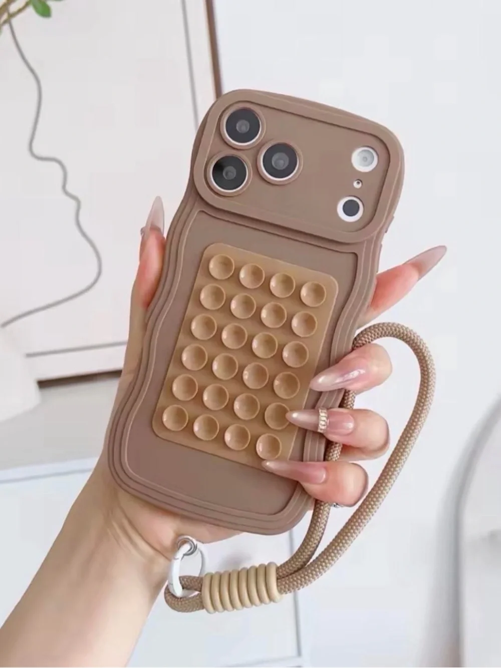 Silicone Pop-It Wrist Strap Phone Case - Brown